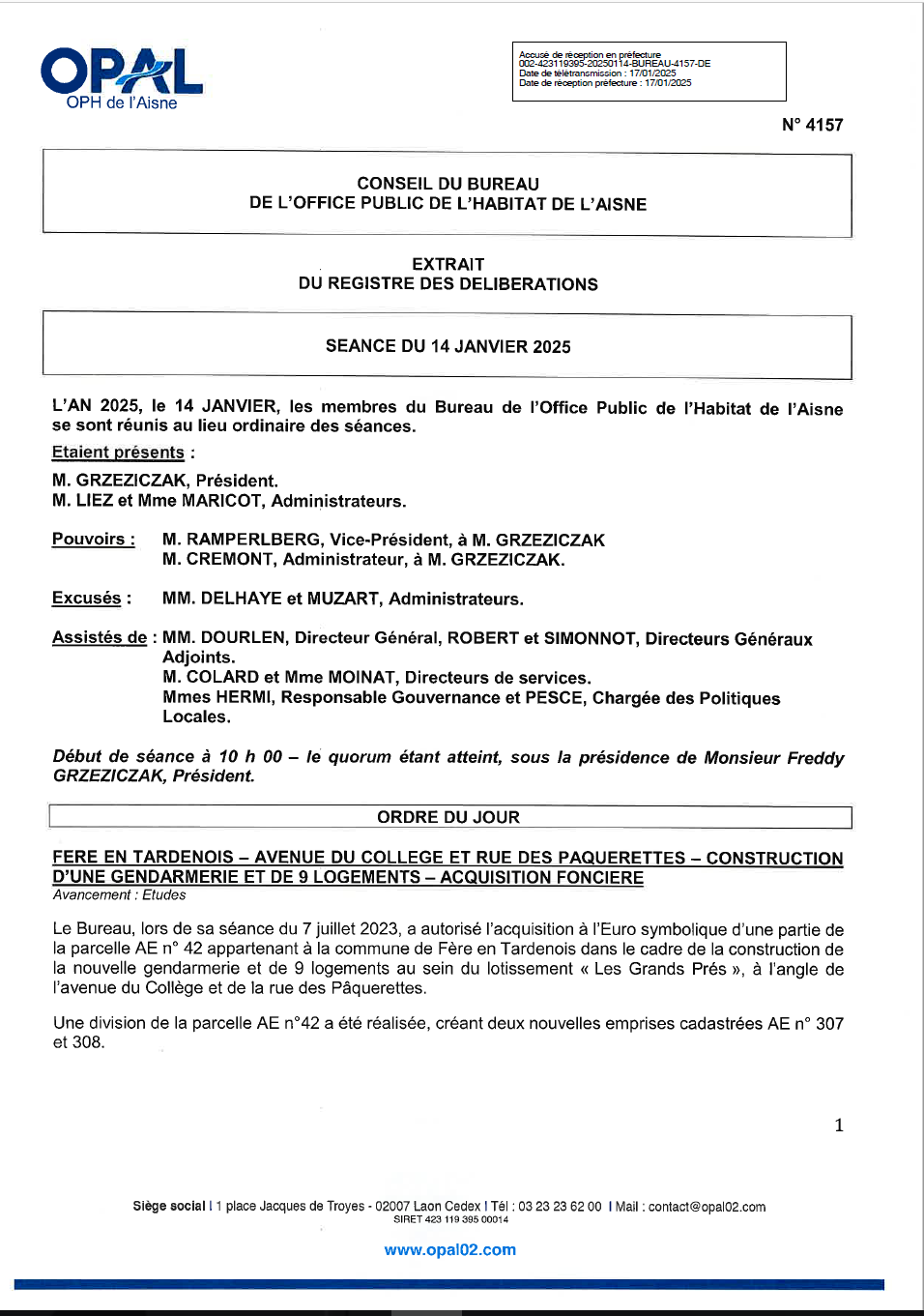 Fère en Tardenois – construction d’une gendarmerie et de 9 logts – acquis foncière